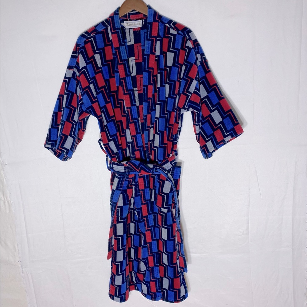 Vintage Charter Collection Blue Red Cotton Terry Cloth Robe L Dadcore Grandpa